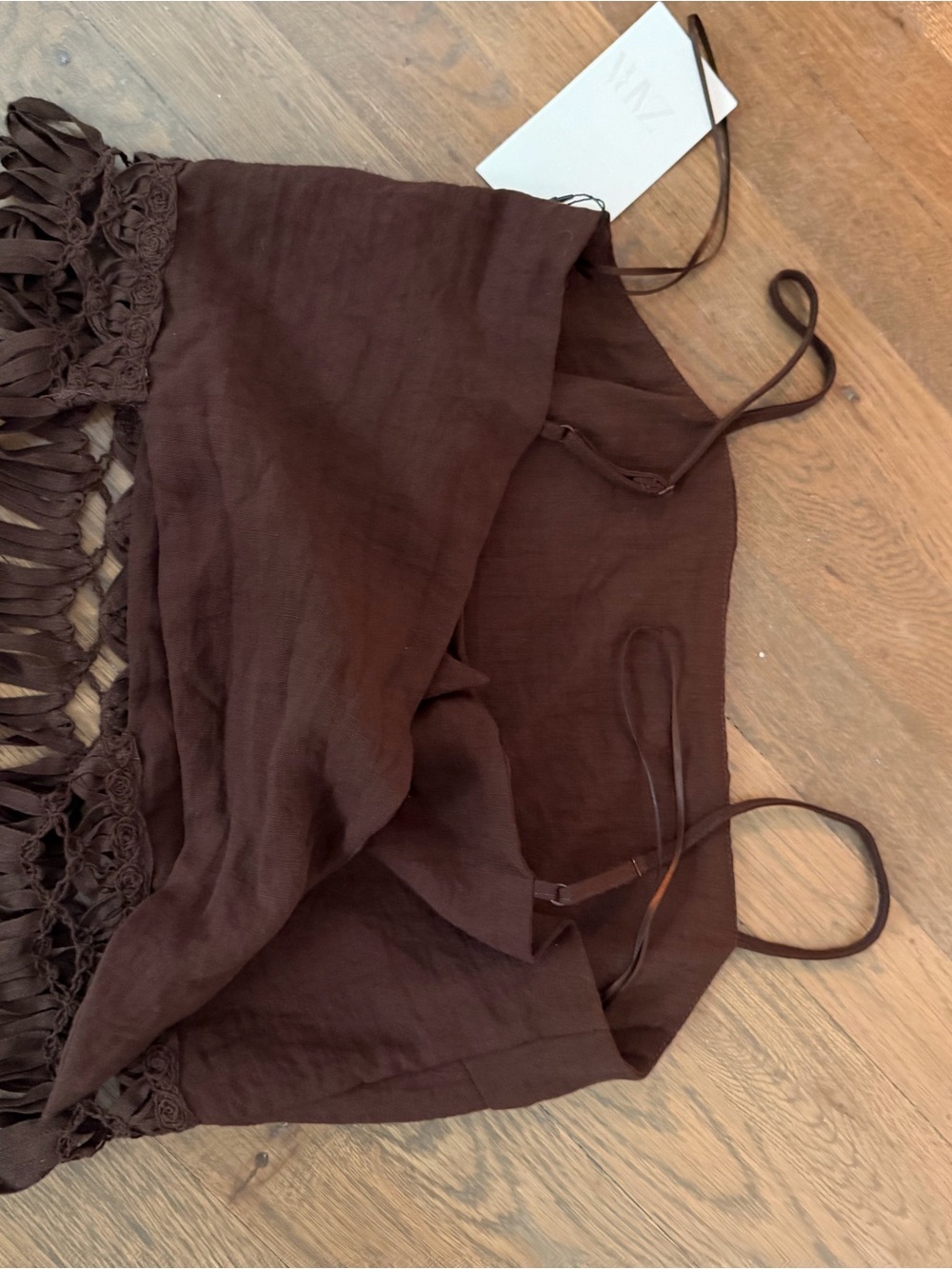 Zara Brown Cropped Tank with Fringe TrimTIE BACK TOP - Picture 2 of 3
